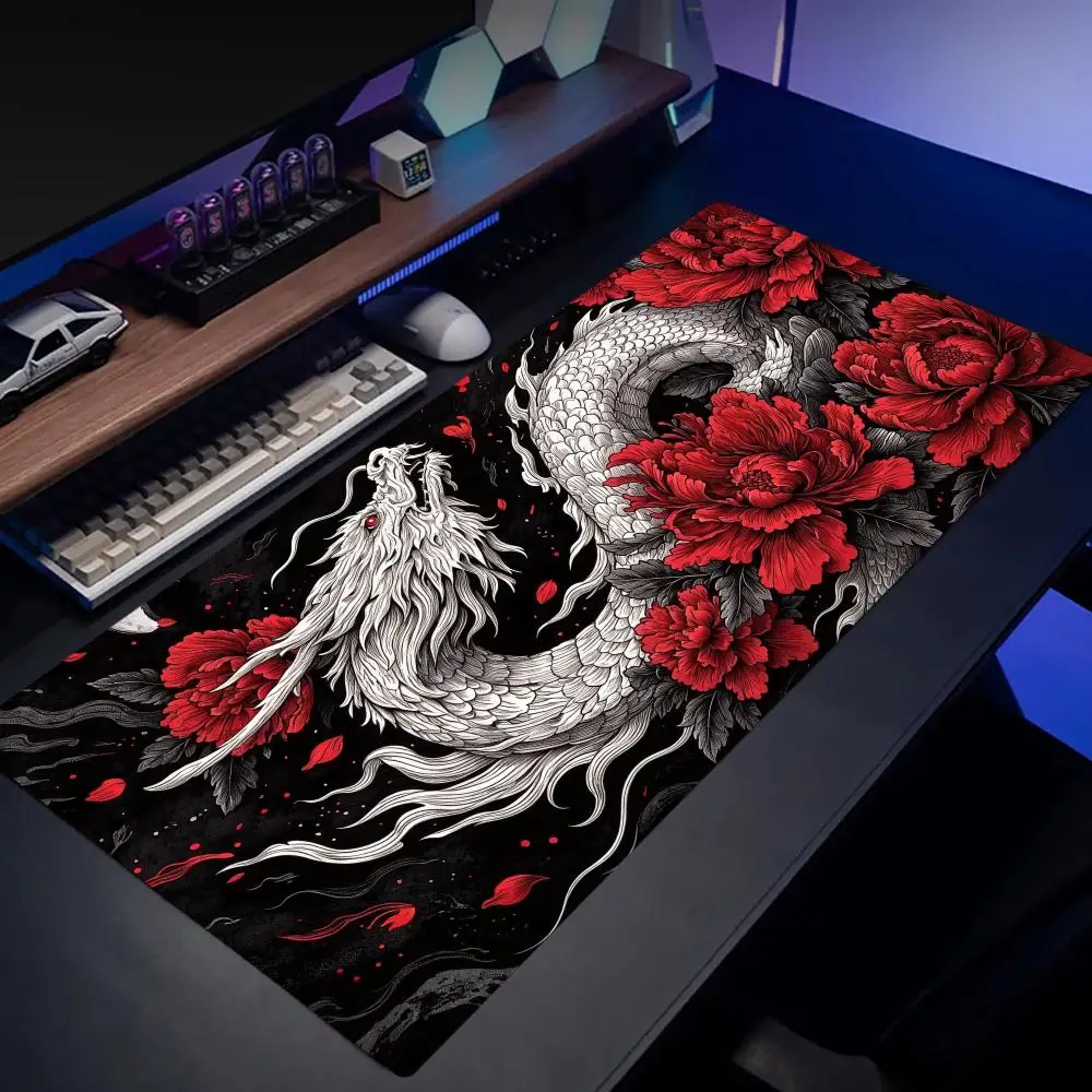 Red Peony Dragon Mousepad Xxl Desk Accessories Keyboard Mat Gamer Setup Decoration Mause Pad Speed Desk Pad Office Carpet Rug