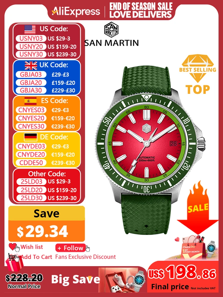 San Martin 40mm Dive Watch Original Design NH35 Automatic Mechanical Fashion Men Watch Sapphire Waterproof 200m Luminous SN0118