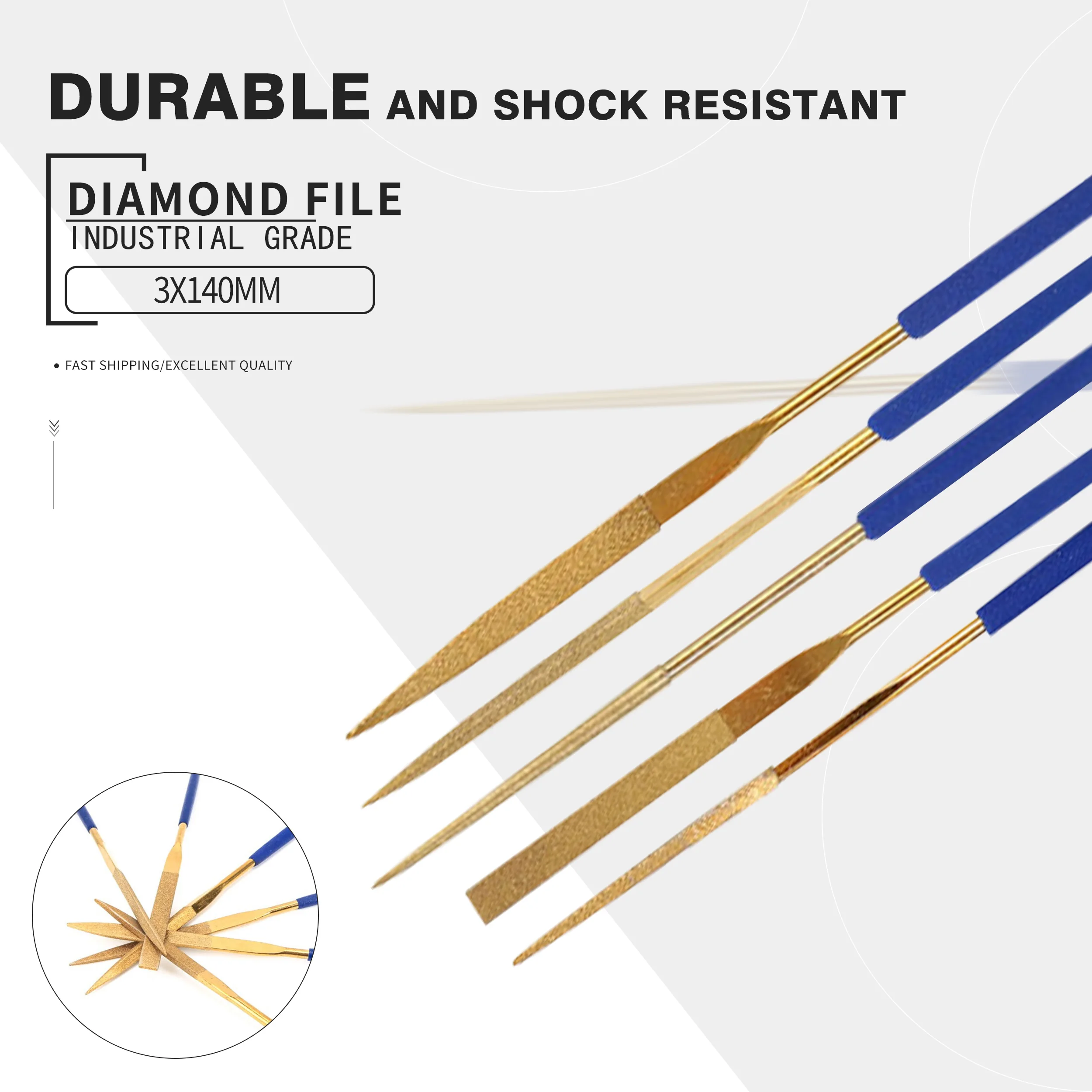 Jeu de limes diamantées plaquées titane 3x140mm, limes en plastique plates, triangle cylindrique, couteau à friction, limes émeri abrasives