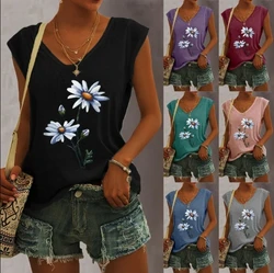 Summer Women 5 Color Ladies Fashion Floral Print Casual Tank Top Loose Sleeveless Tank Top V Neck Female T Shirt