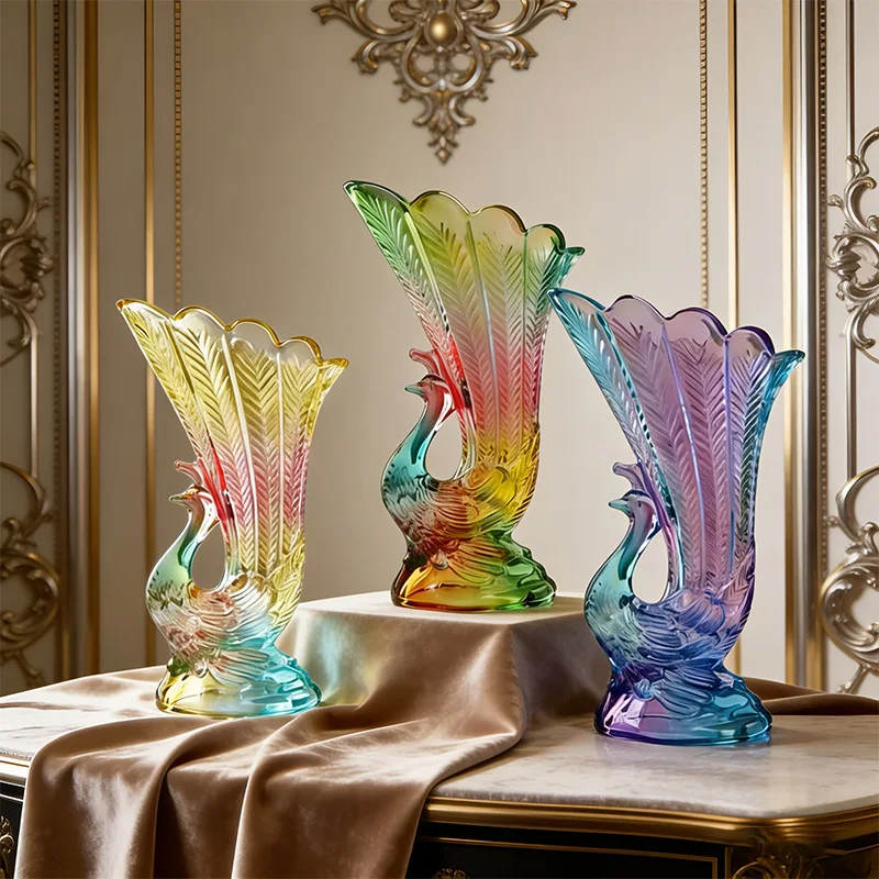 Glass Vase Peacock Screen Relief Living Room Dining Table Foyer Decoration Flower Arrangement High-end Home Decoration