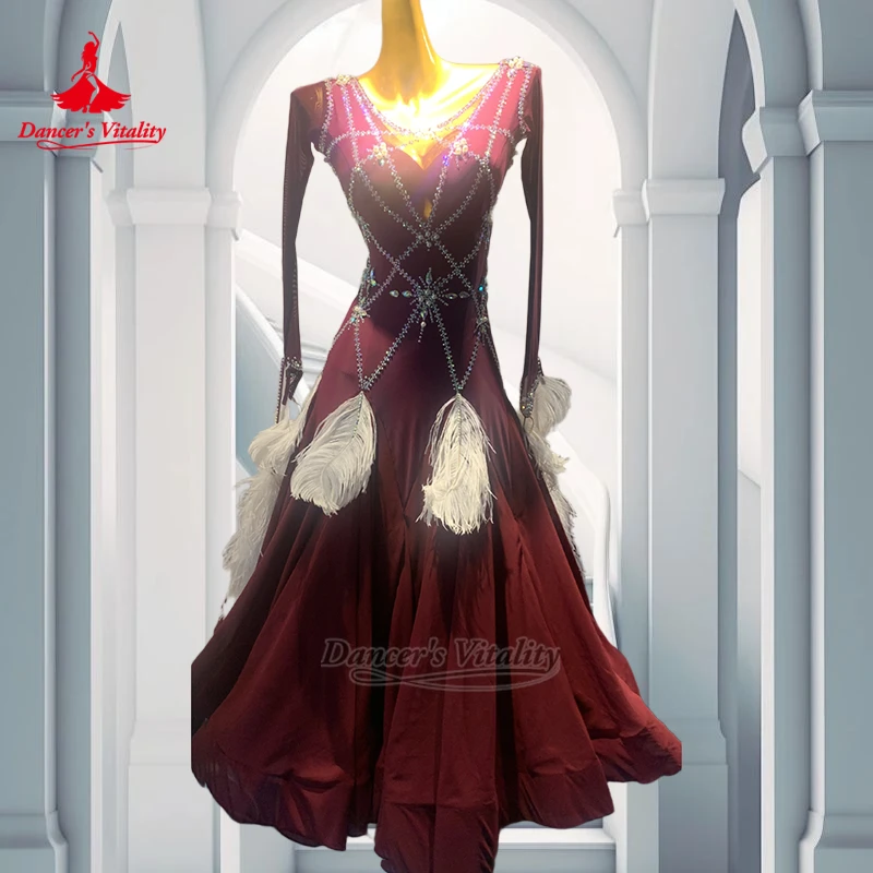Adult AB Stones Foxtrot Waltz V-neck Dresses Senior Customize Dancer's Vitality Adult&Child Social Dance Contest&Perform Clothes