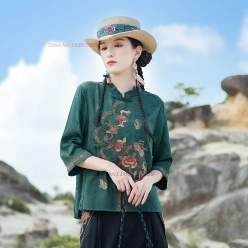 بلوزة صينية عتيقة لعام 2025 بلوزة جاكار مطرزة بالزهور الوطنية بياقة واقفة بلوزة هانفو العرقية الرجعية بلوزة شعبية سترة #4