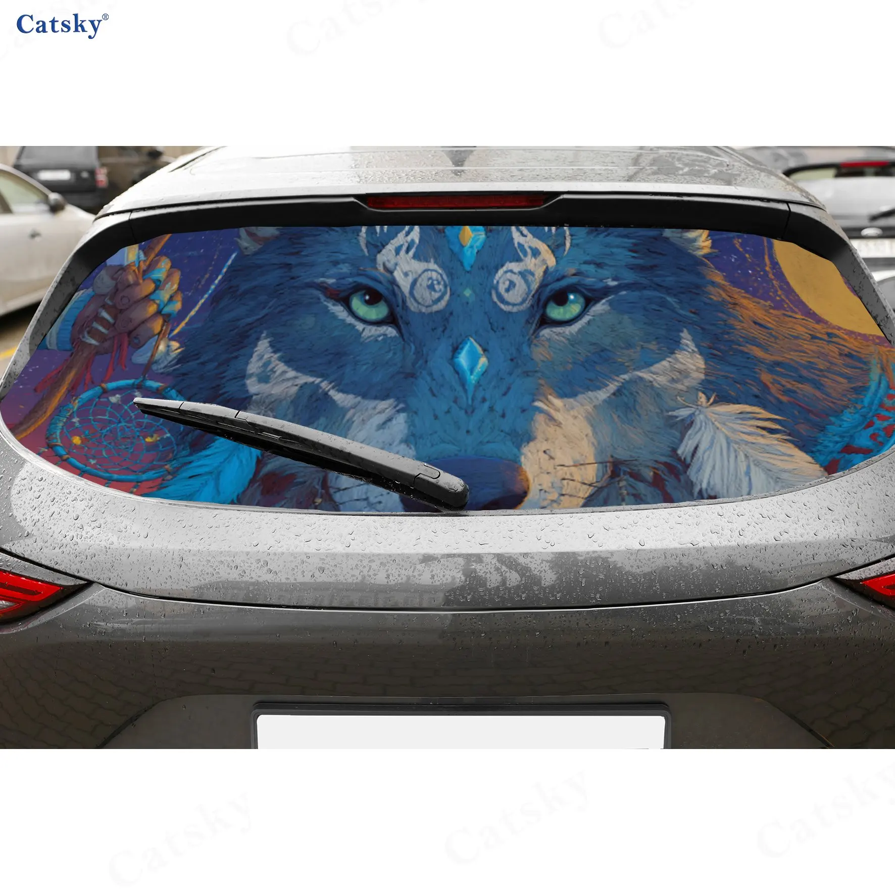 

Mystery Tribal Blue-Eyed Wolf PVC Perforated Car Vinyl Wraps, Durable Car Rear Windshield Sticker, Waterproof Car Rear Window De