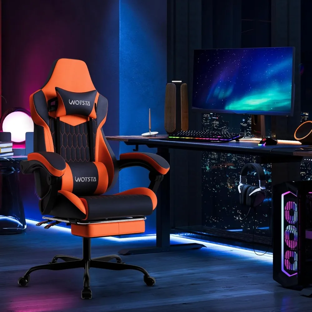 

A game chair with foot pedals, high backrest, PVC leather ergonomic design, and adjustable headrest for lumbar support
