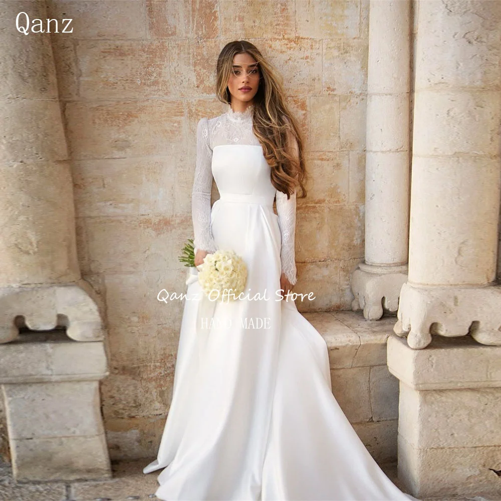 

Qanz Gracefull Long Sleeves Bridal Gowns High Neck White Satin Long A Line Lace Wedding Dresses Robe Mariee Bohème 2025