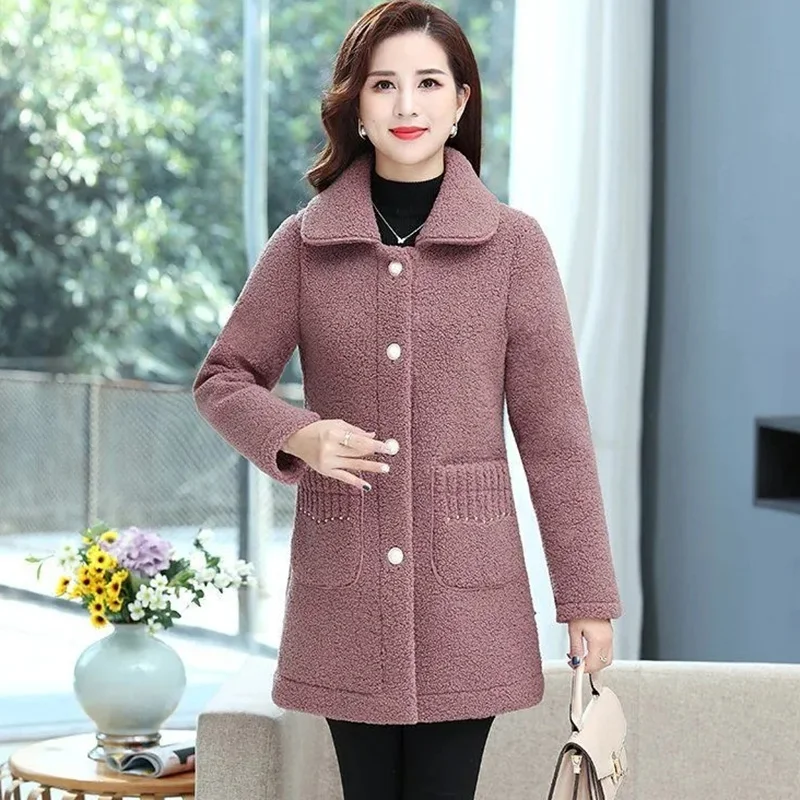 

Middle Aged Women Winter Jacket Clothing Thick Lamb Wool Coat Mid Long Sheep Cut Wool Coat Particle Plush Coat Female Outerwear