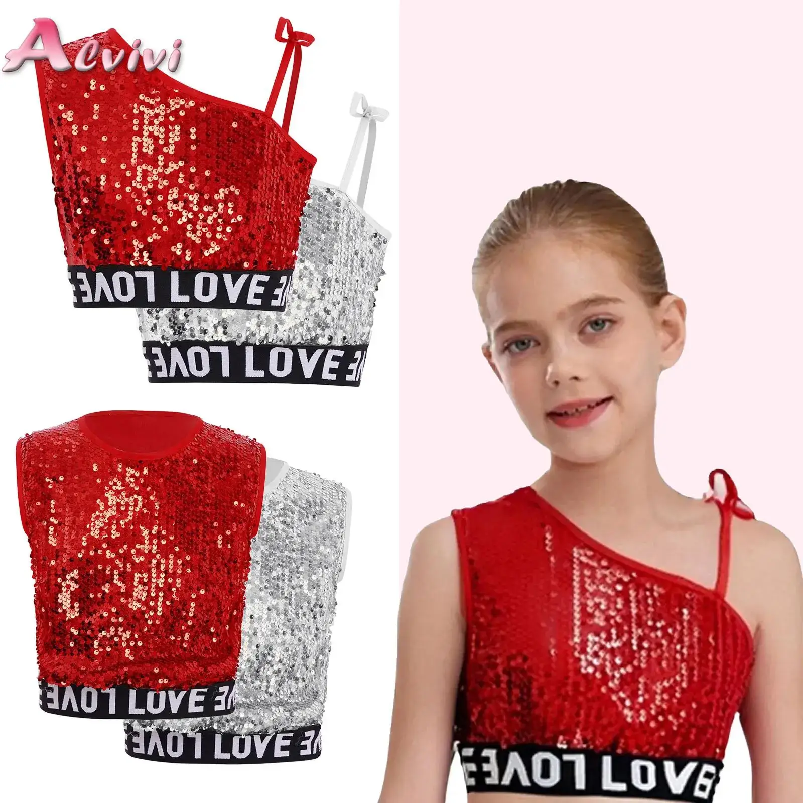 

Kids Girls Boys Hip-Hop Jazz Dance Vest One Shoulder Lace-up Sleeveless Sequins Vest Letter Printed Hem Crop Top for Competition