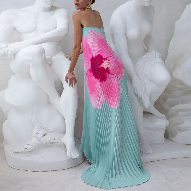 Summer Sexy Strapless Slim Banquet Evening Dresses Woman Elegant Flower Print Party Dress Spring Backless Hollow Boho Long Dress