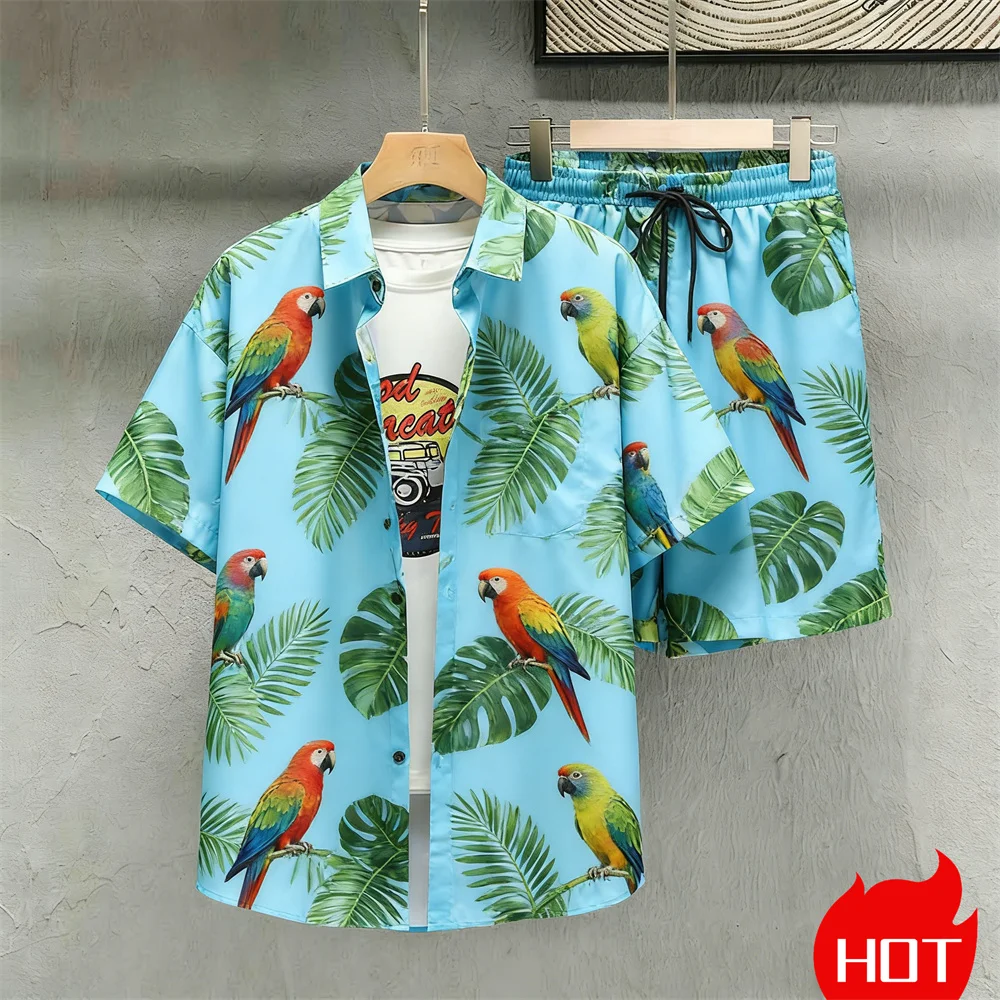 Summer men's shirt set 3D Plant pattern prints vacation shirt two-piece set Leisure Hawaii Set Beach Party Set Men's 2 piece set