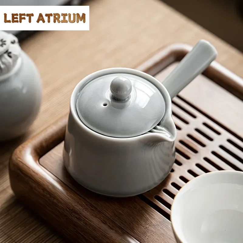 Ceramic Side Handle Pot Japanese Style Handmade Ice Gray Glaze Little Teapot KungFu Tea Set Tea Making Single Teapot Tea Infuser