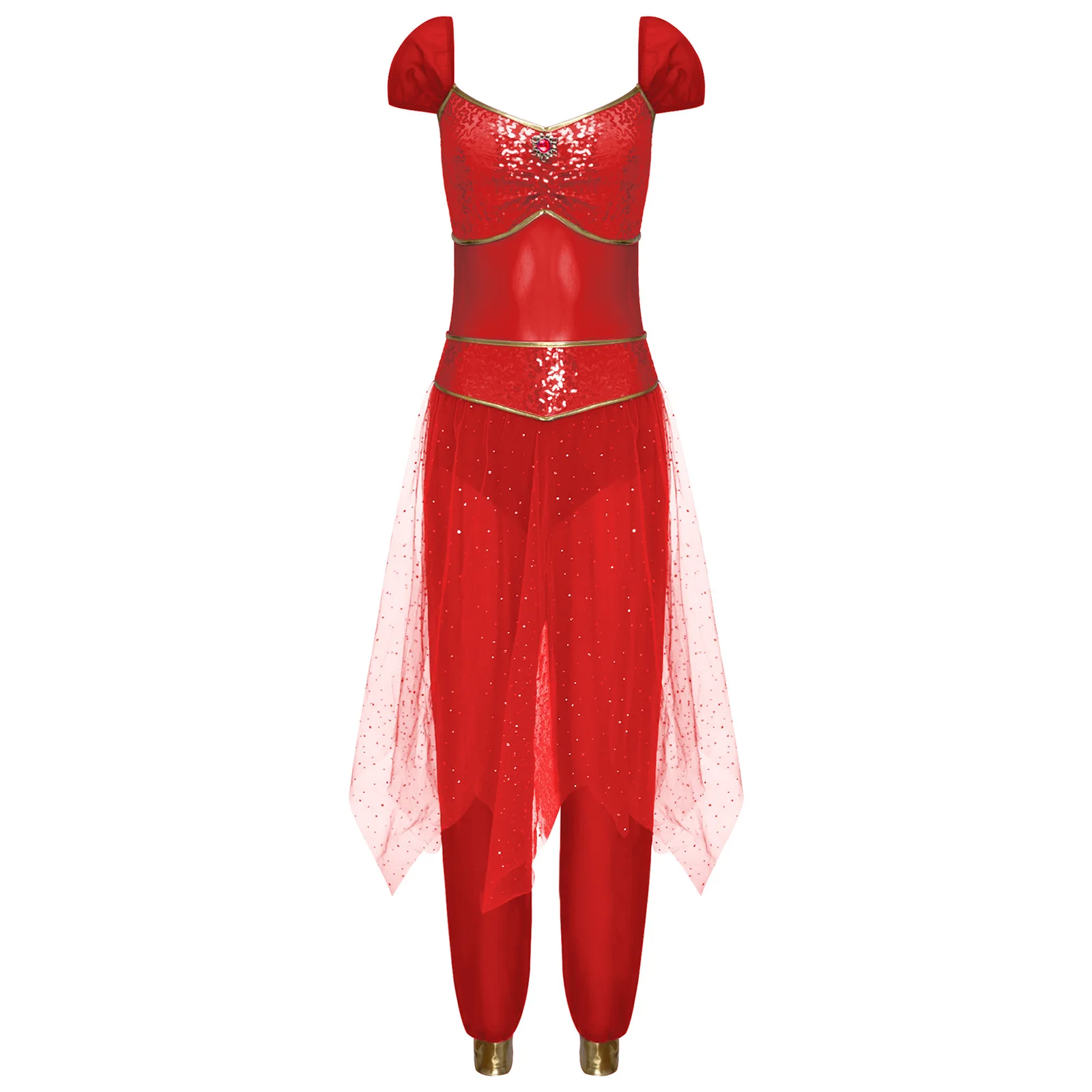 Arabische Prinzessin-Bauchtanz-Kostüm für Damen, Strampler, arabische Pailletten, Tüll-Overlay, ärmelloser Overall für Halloween, Cosplay