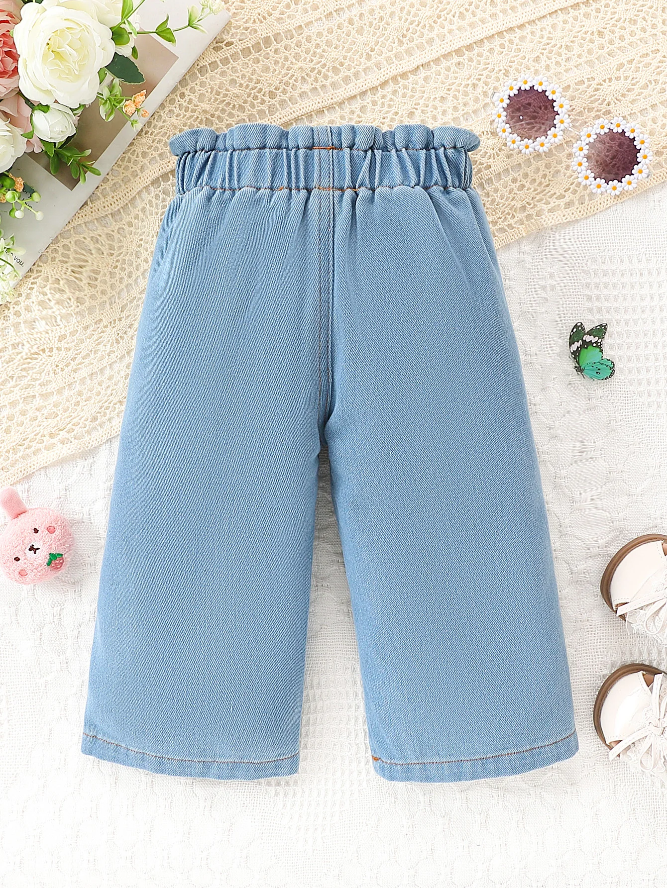 Girls Light Blue Drawstring Wide Leg Pants Casual Style Waist Drawstring Butterfly Knot Loose Wide Leg Fit Daily Comfortable