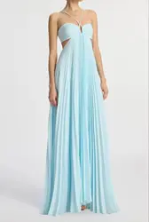 Women's blue fashionable pleated high waisted strapless long dress