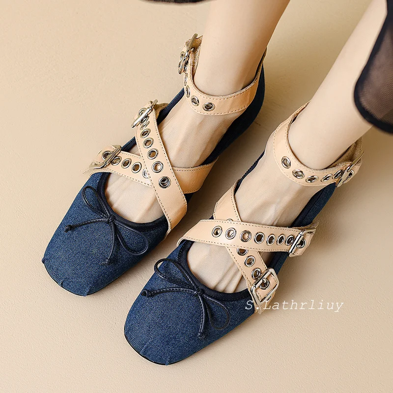 Spring Genuine Leather Mary Jane Shoes Women's Solid Color Flat Shoes Belt Buckle Single Shoes Round Toe Bowknot Ballet Shoes