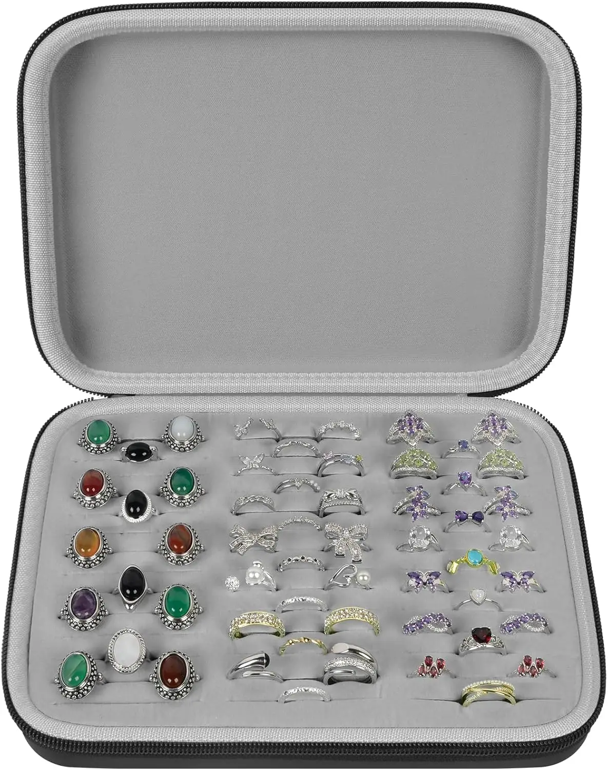 Ring Organizer Storage Case - Jewelry Ring Display Collector Box with 42 Slots. Rings Tray Holder Showcase /50+ Rings, Earrings