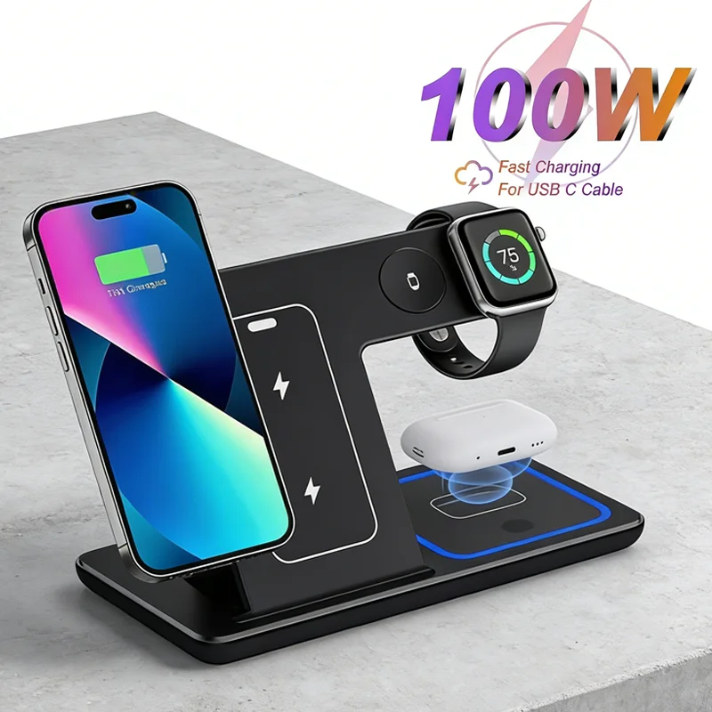 Foldable 100W 3 In 1 Fast Wireless Charging Stand Holder Doc