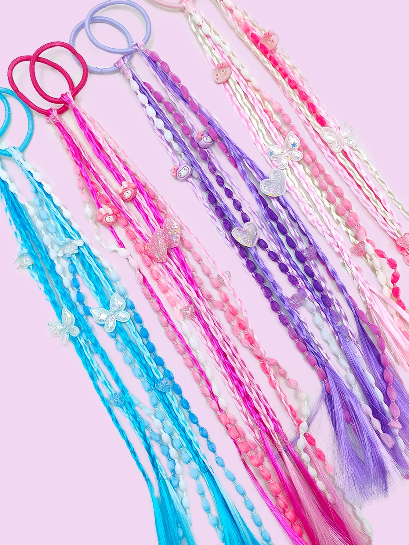 

A pair of colorful children's wig hair bundles with braided hair ties.Sweet and cool high ponytail braided hair scrunchie