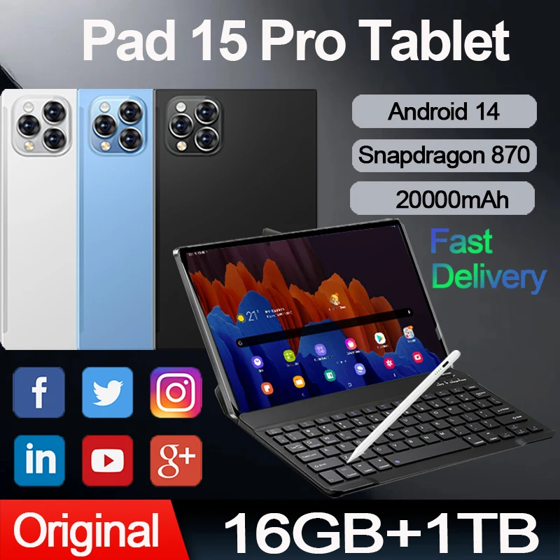 

2025 Original Pad 15 Pro Планшетный ПК Android 14 16 ГБ + 1 ТБ 20000 мАч Snapdragon 870 планшеты android5G Dual SIM-карта WIFI HD 4K Tab
