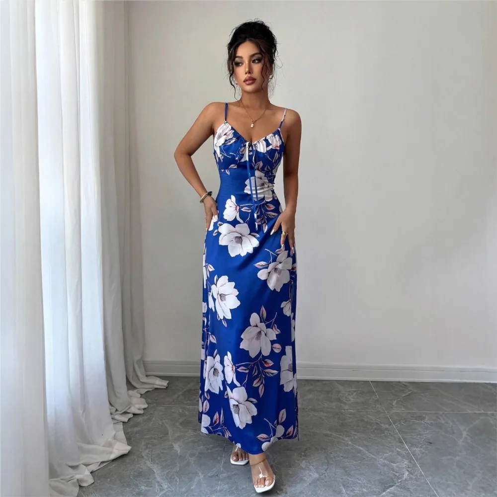 

Retro Printed Suspender Floral Dress Summer New Women's Casual Comfortable Vacation Slim Hem Slit Long Dress Ropa Mujer Vestidos