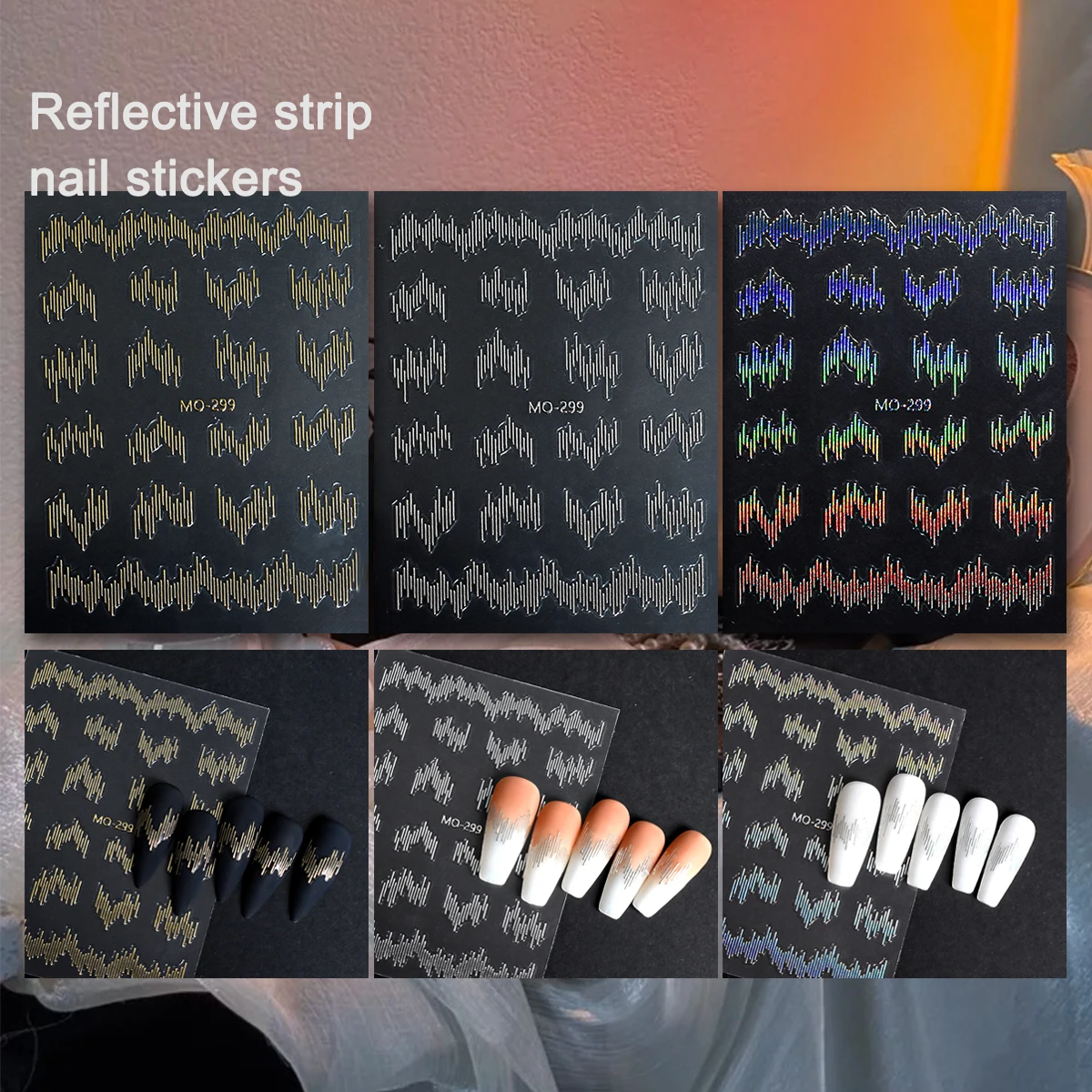 3/6 أوراق 5D ملصقات أظافر معدنية عاكسة، شارات خط موجة من الكروم الذهبي والفضي، فن أظافر منقوش ذاتي اللصق للاستخدام بنفسك #2