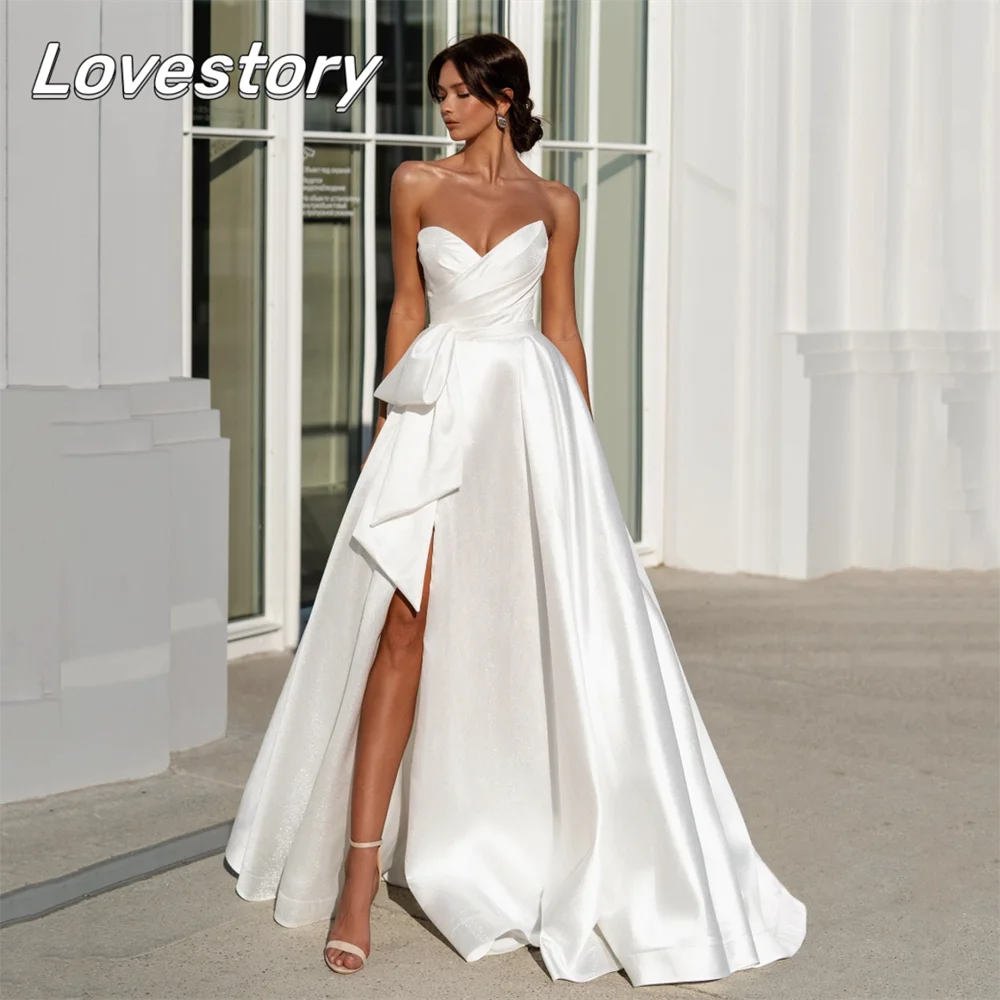 

A-Line Wedding Dresses Sweetheart Bride Robes Backless High Split Side Bridal Gown Sleeveless Satin Ribbons Vestidos De Noiva