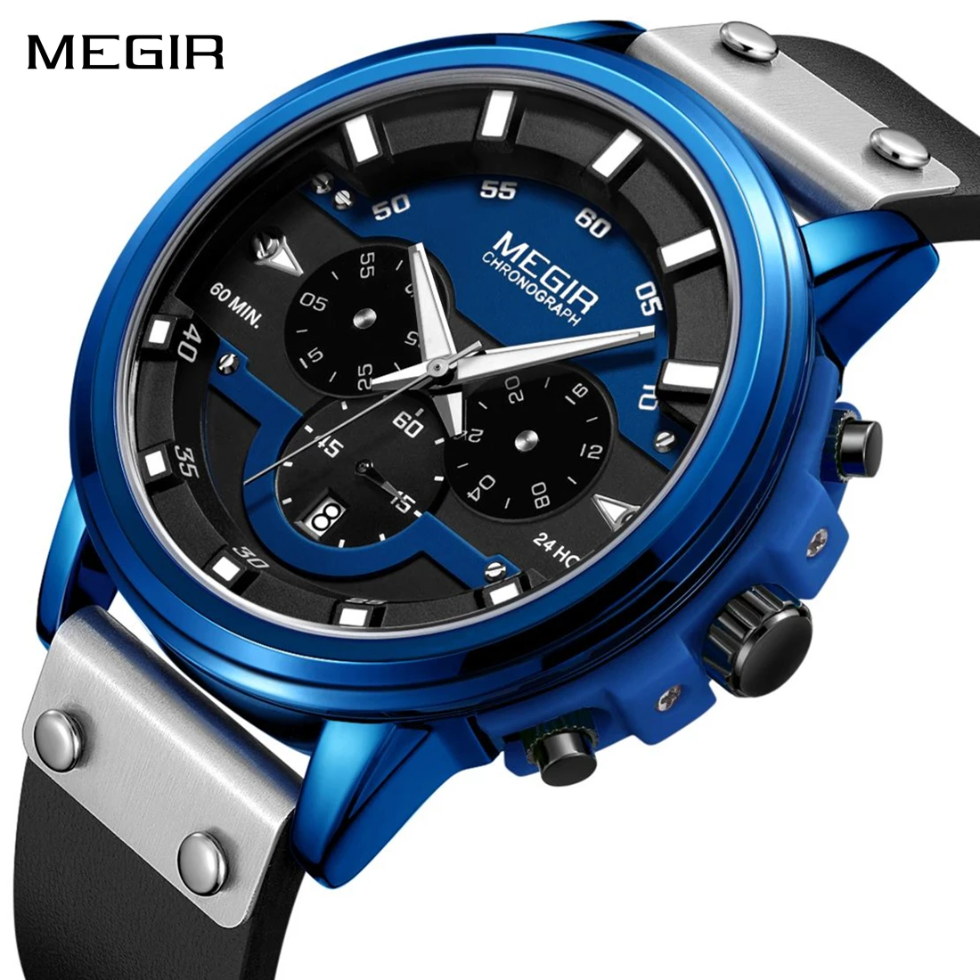 

MEGIR модные спортивные часы для мужчин большой циферблат водостойкие светящиеся кварцевые наручные часы хронограф дата ​ Часы 24 часа 2080