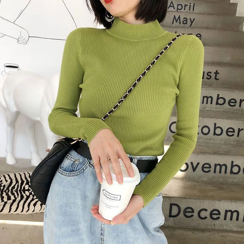 Autumn Winter Women Sweater Basic Solid Half-high Collar Knitted Pullovers Korean Simple Slim Long Sleeve Jersey Jumpers Female