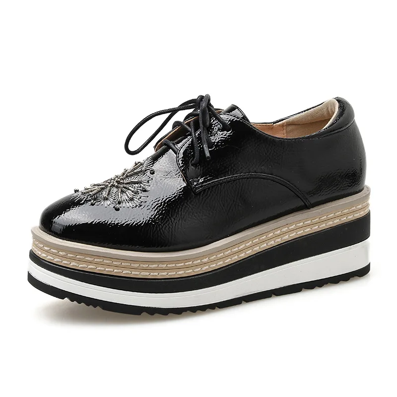 

6cm Woman Spring Autumn Women Derby Platform Flats Brogue Leather Lace up Classic Bullock Footwear Gold Female Oxford Shoe 34-39