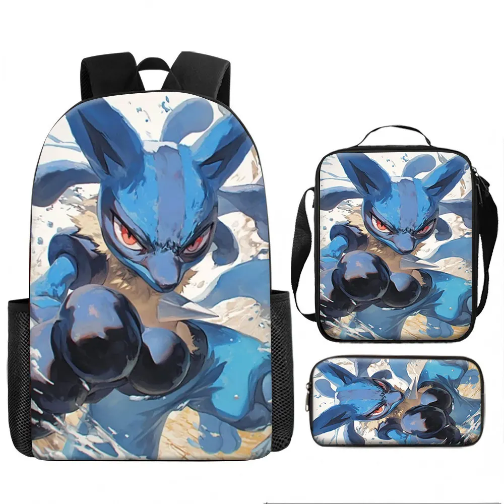 Kids Bag Lucario 3pcs Backpack Set Anime Action Art School Bags for Children Lightweight Travel Luggage with Lunch Box Pencil