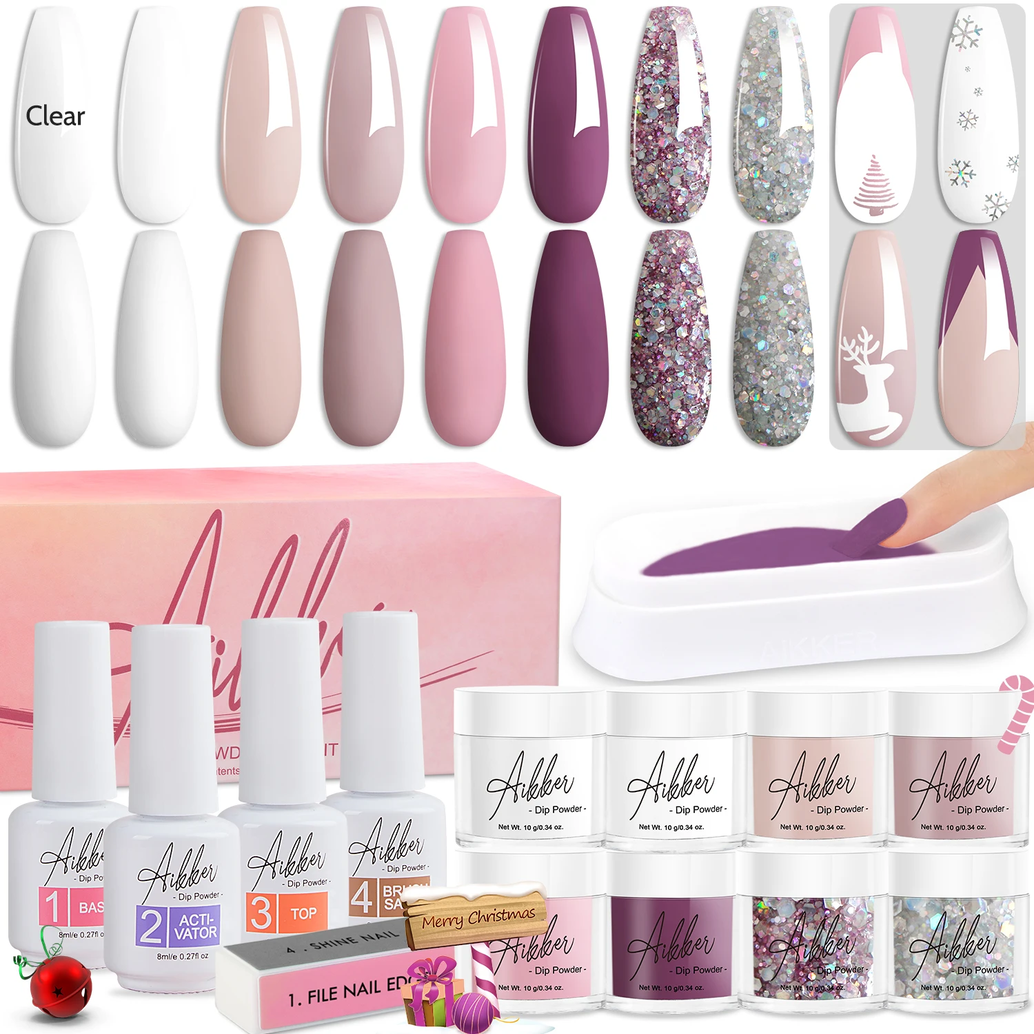 13pcs Dip Powder Nail Kit Starter 8 White Pink Colors with Dipping Powder Liquid for French Nail Manicure Winter Holiday Gifts