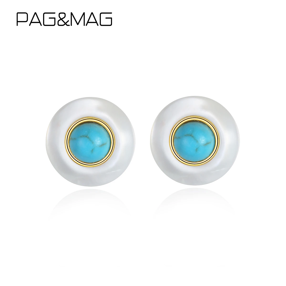 PAG&MAG S925 Silver Turquoise Studs Round Shape Shell Decoration Fine Earring for Women Ladies Elegant Party Accessories Jewelry
