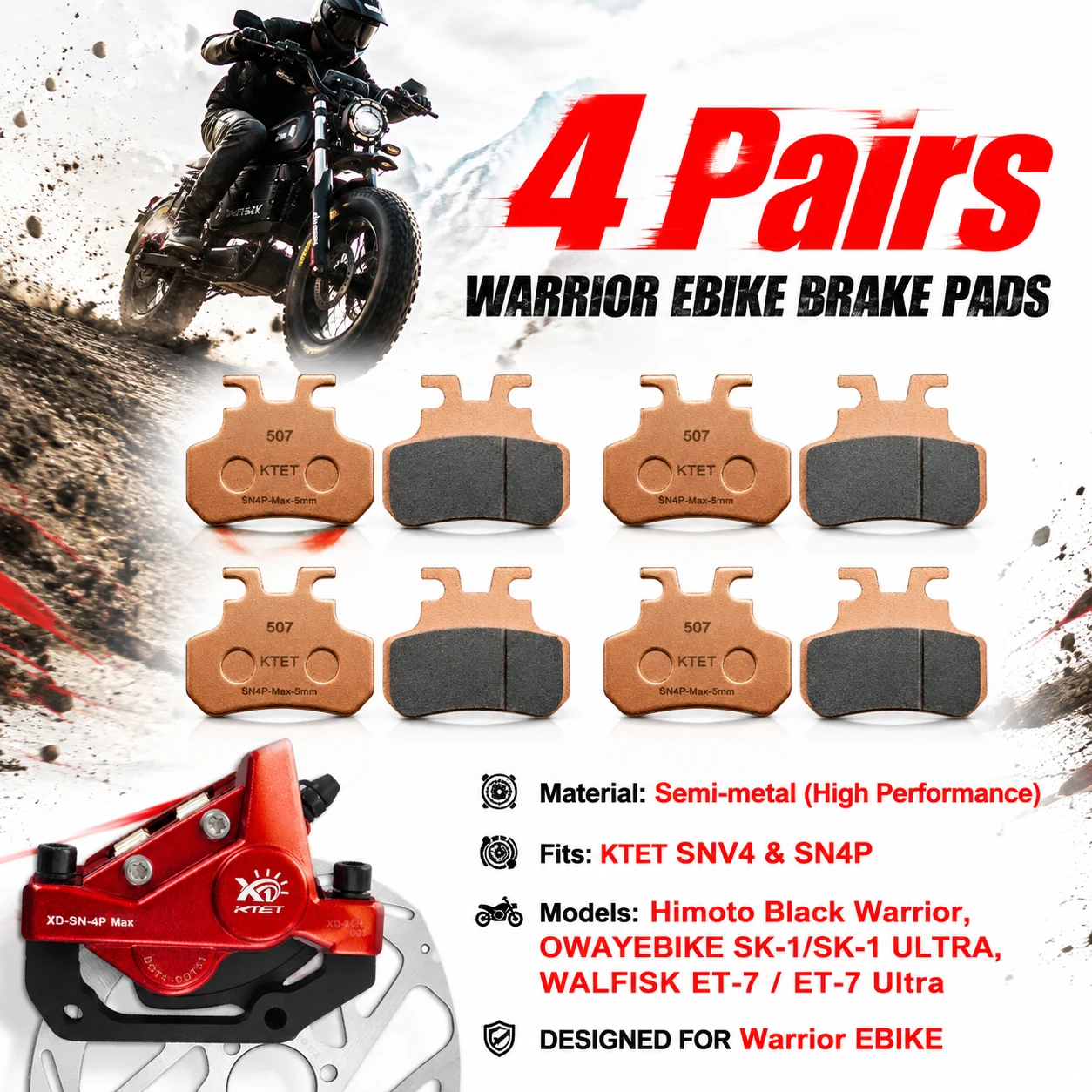 Black Warrior Brake Pads Semi-Metallic Off-Road for WALFISK ET-7 ET-7 Ultra EKXBike GTS X22 KTET SN-V4 XD-SN-4P Hydraulic
