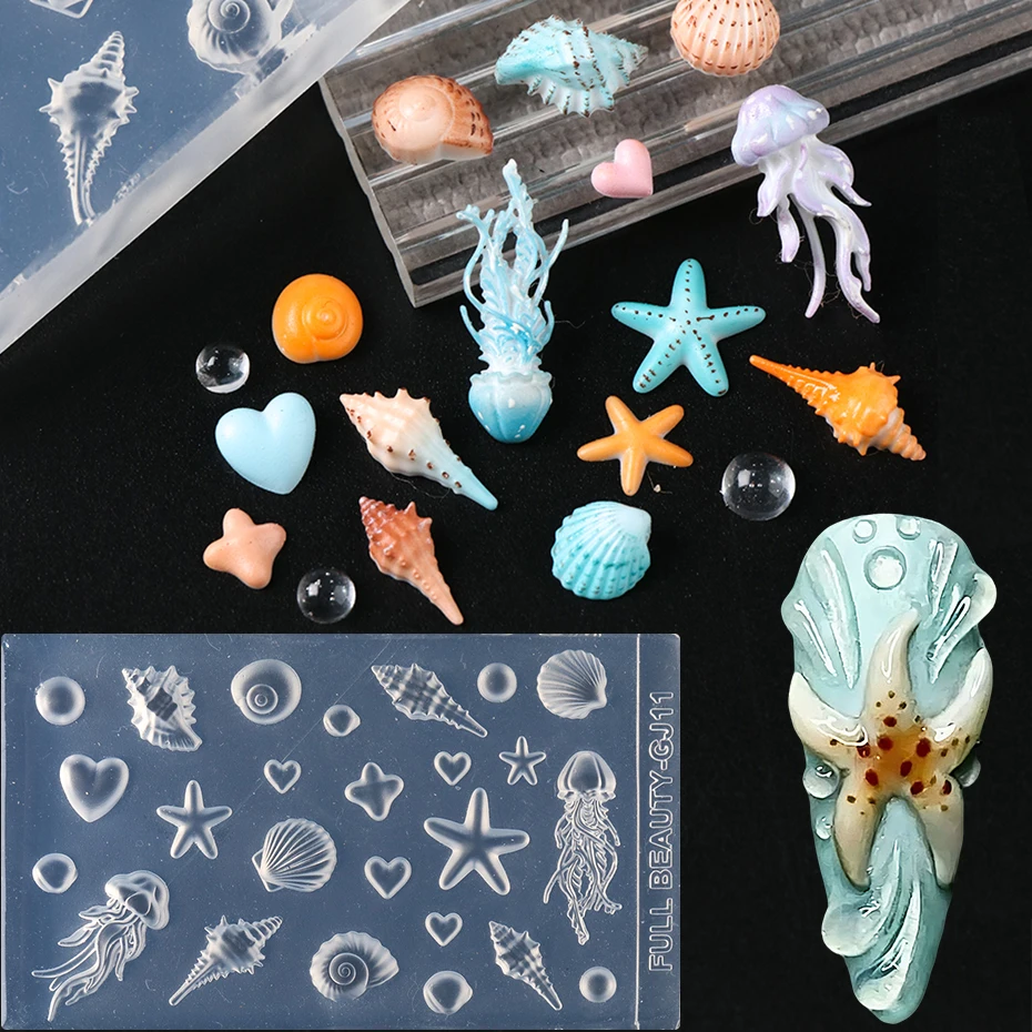 3D Quallen-Muschel-Silikon-Nagelform, Seestern-Muschel-Herz-Blasen-Nagelkunstform, Nagelcharms-Herstellungsform, Sommerdekorationen