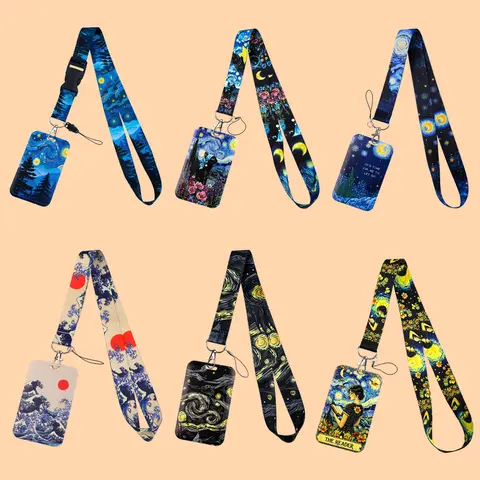 Japanese Waves Art Credential Holder Van Gogh Lanyards for Keys Neck Strap ID Card Gym Phone Straps Keychain Keyring Accessories