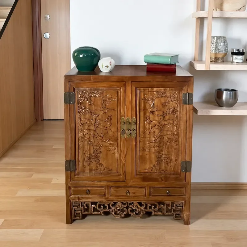 Ming and Qing Style Elm Wood Flower and Bird Carving Entrance Cabinet Solid Wood Rotating Storage Cabinet Chinese Retro Log