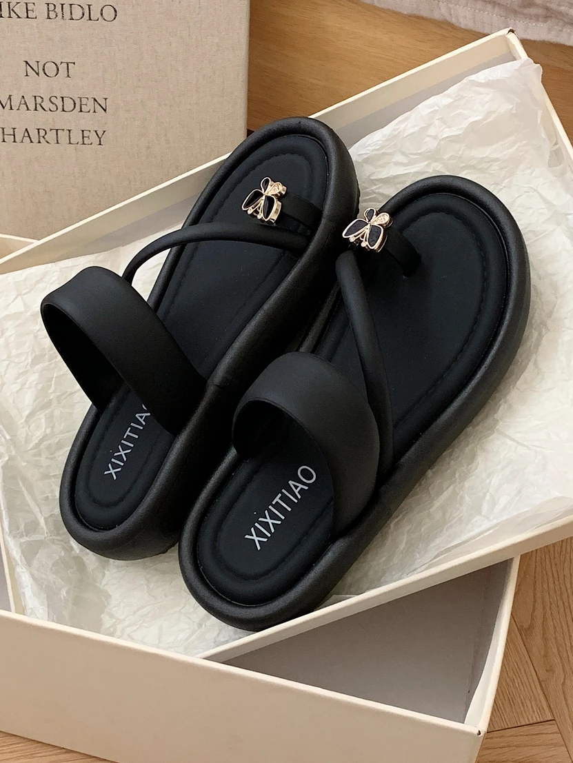 

Fine Striped Korean Style One Strap Slip-On Sandals Women's Summer INS High-End Flat Bottom Beach Cool Slippers