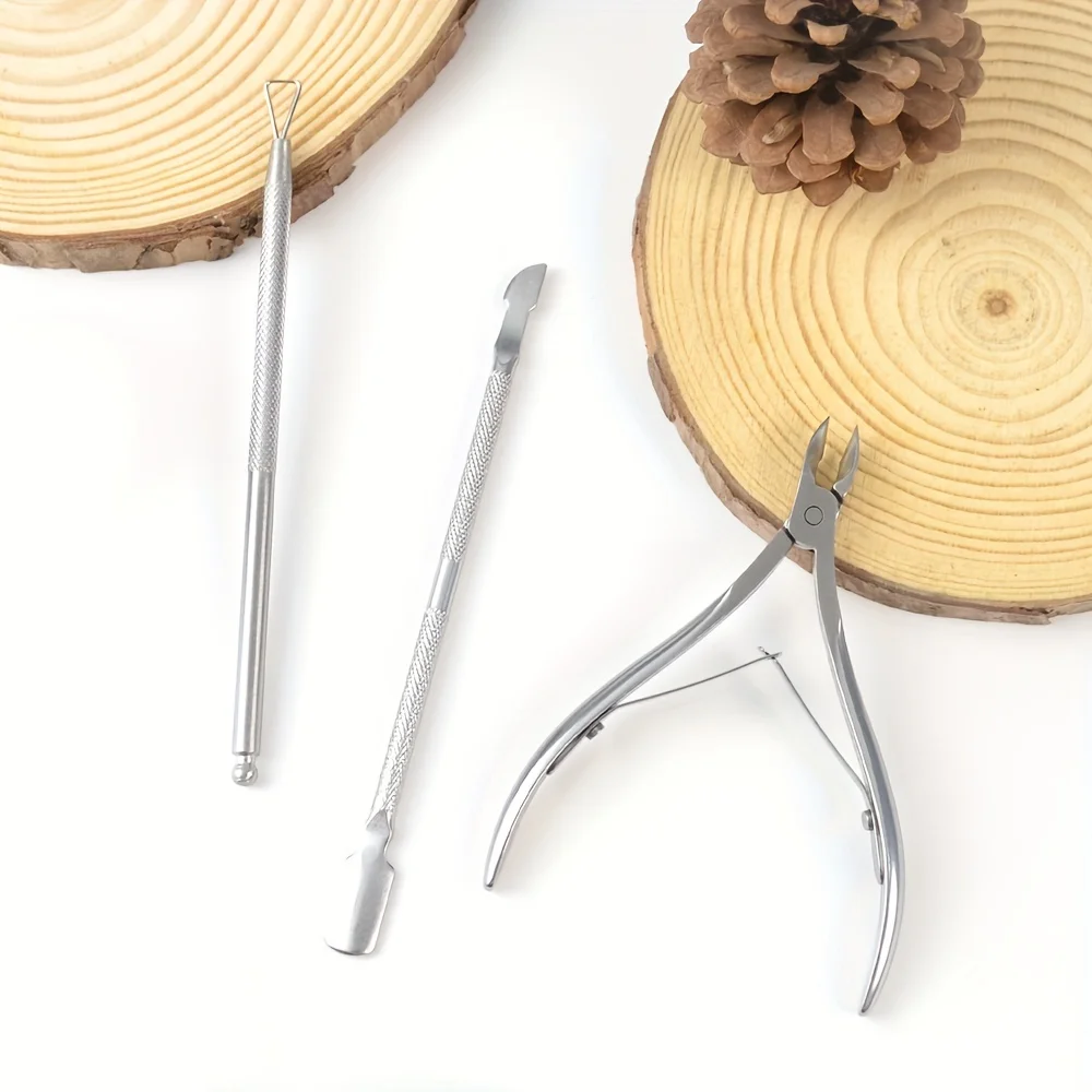 Arte de uñas de acero inoxidable, piel muerta a mano, cuchillo de empuje, tijeras, herramientas para recortar uñas, pinzas para cutículas afiladas, uñas de mandíbula puntiaguda duraderas