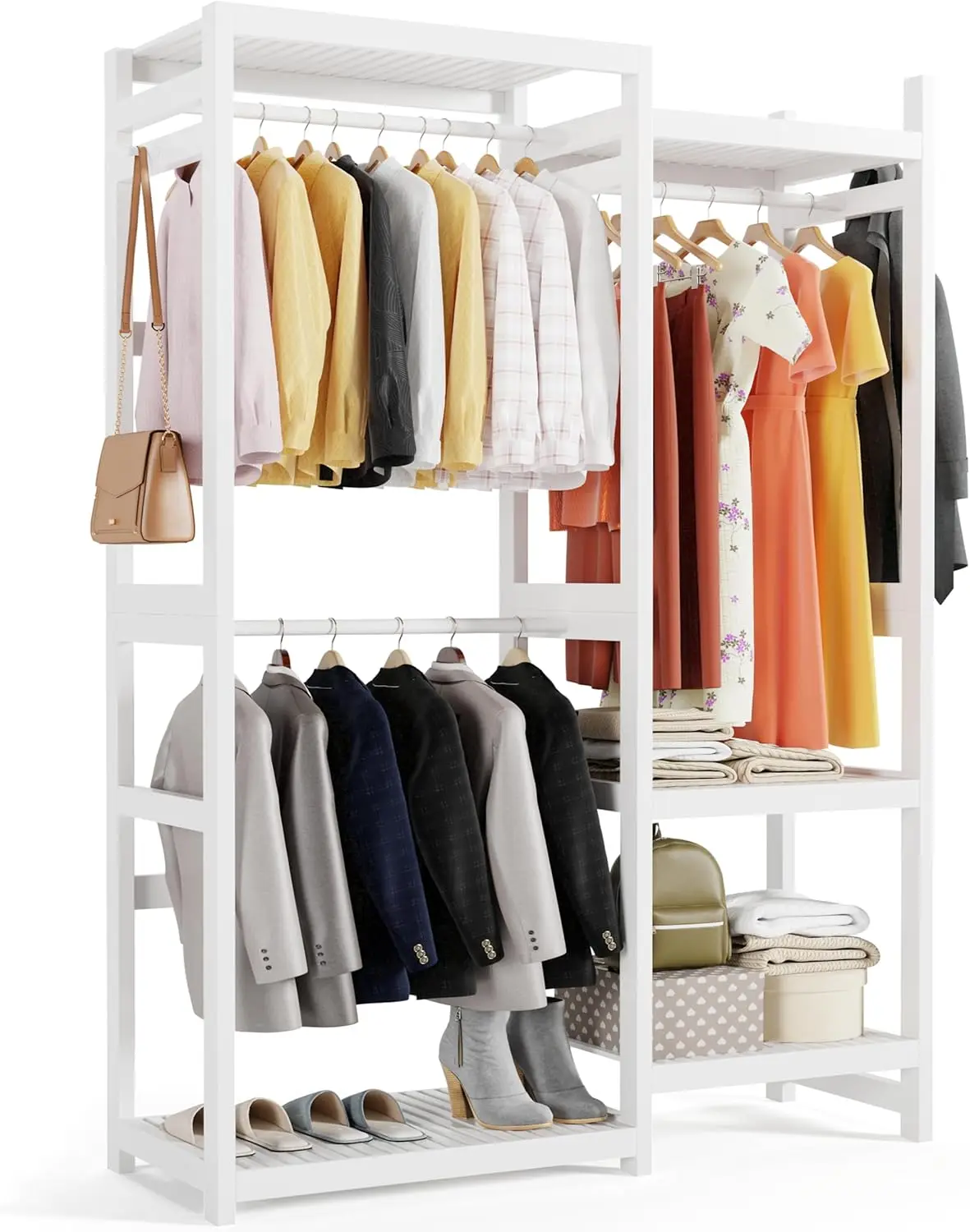 Closet Organizers, Large Freestanding Closet System Clothes Racks for Hanging Clothes with 5 Storage Shelves 3 Rods 2 Hooks, Ope