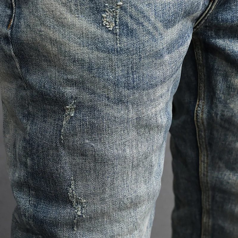 Italian Style Fashion Men Jeans High Quality Retro Washed Blue Stretch Slim Fit Ripped Jeans Men Vintage Designer Denim Pants