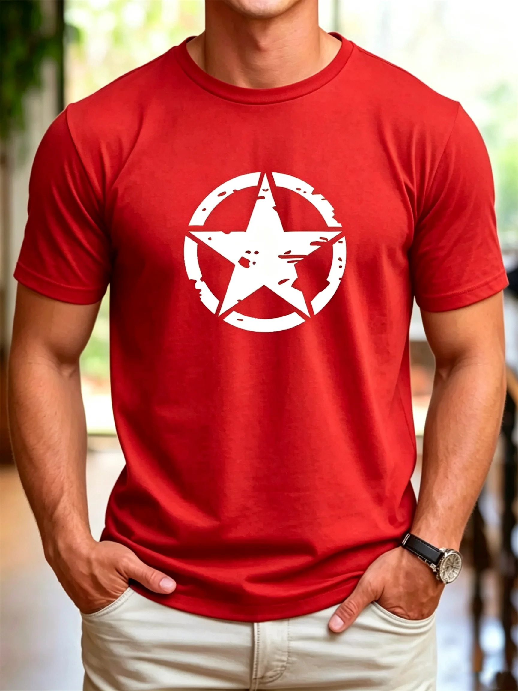 Retro distressed worn-out five-point star circular print short-sleeved loose-fitting casual versatile basic style couple T-shirt