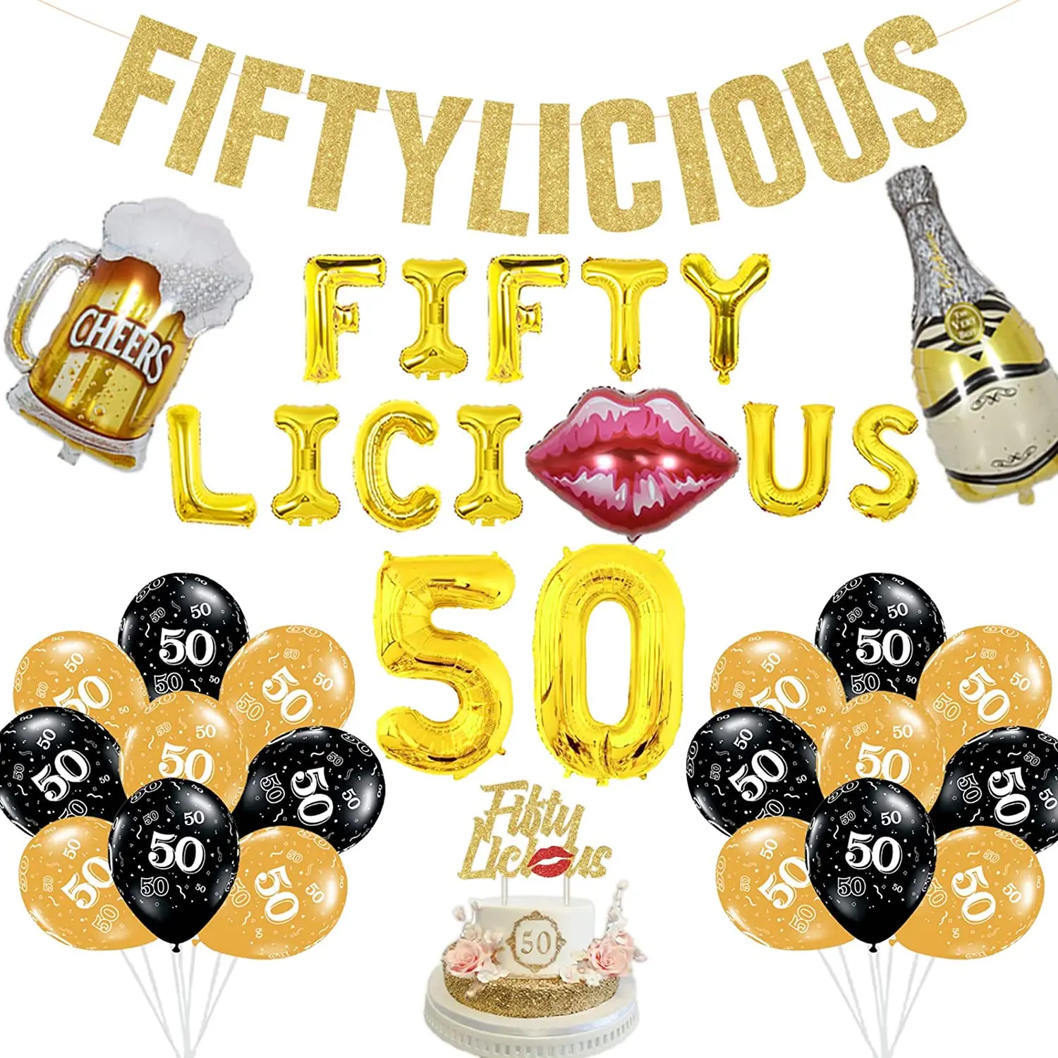 

JOYMEMO 50th Birthday Decorations for Women Fiftylicious Glitter Banner Cake Topper Happy 50th Balloon for Fifty Birthday Party