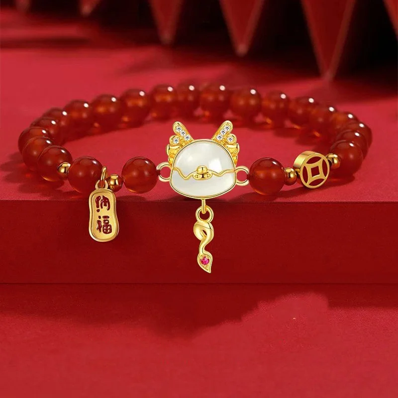 Vintage Chinese Style 2024 Dragon Year Luck Bracelet for Women Blessing Amulet Red Beads Bracelet Unisex Christmas New Year Gift