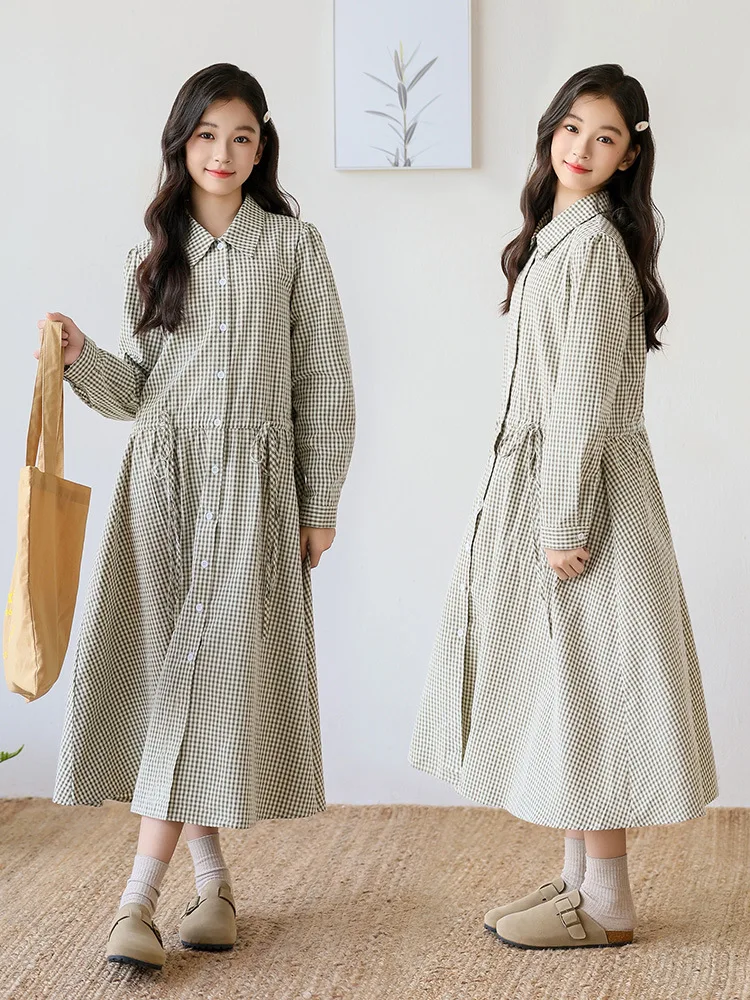 

Girls' Long Sleeve Plaid Dress for Spring and Autumn2025New Children's Girl Shirt Skirt