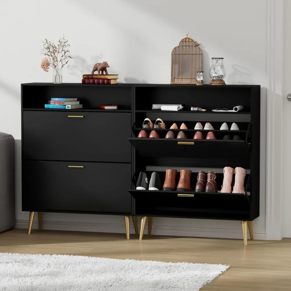

Slim Shoe Cabinet Set of 2, Black with 2 Flip Drawers and Top Storage, Narrow Entryway, Hallway, Living Room
