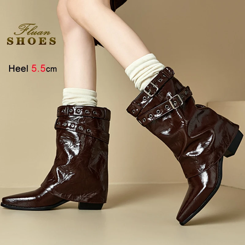 

2025 коричневые осенне-зимние женские модные ботинки, двухрядные ботинки до середины икры с пряжкой и заклепками, женские ботинки с острым носком, ботинки на массивной подошве