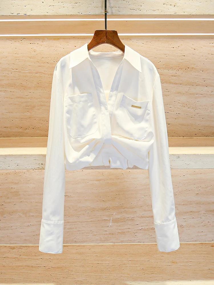 

High-End Women's irt Autumn 2025 Irregular Design Folded Ladies' Top Polyester Fiber Long Sve ort Length Pure Color