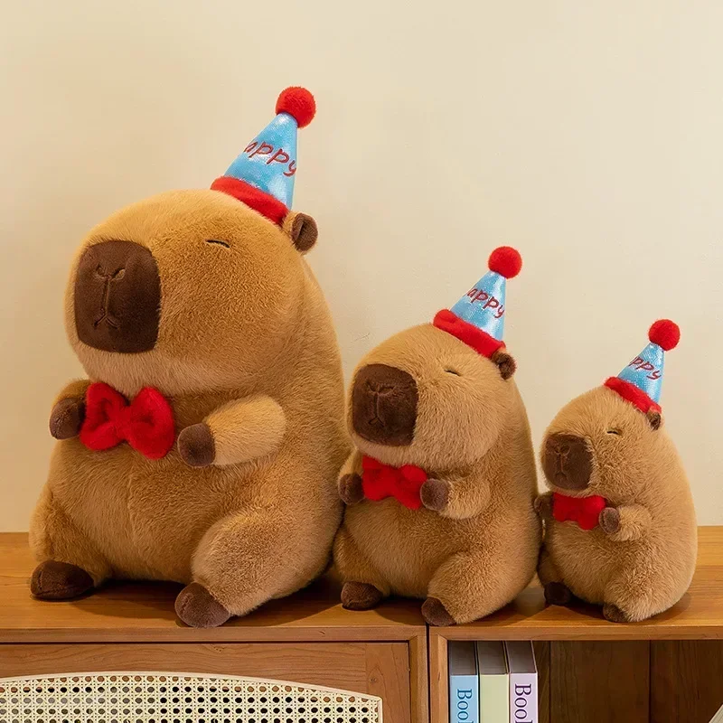 Novo 30-50cm bonito capivara pelúcia com chapéu feliz arco vermelho kawaii marrom capivara pelúcia aniamls brinquedos presentes de aniversário crianças