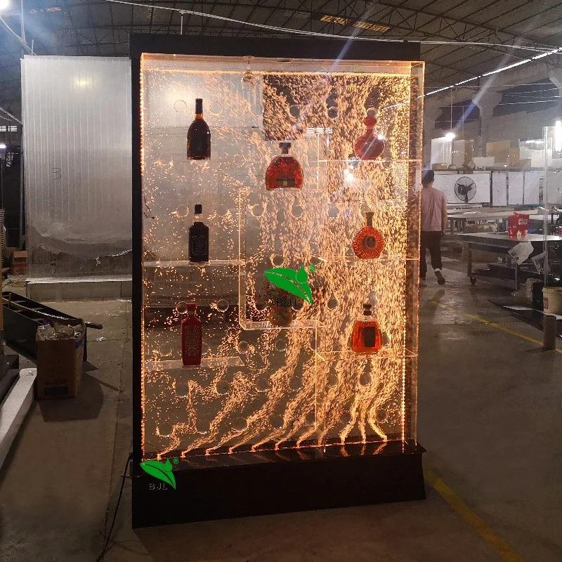 Estante de exhibición de vino de pared personalizado, luz LED fantástica, remolino acrílico, Burbuja de agua