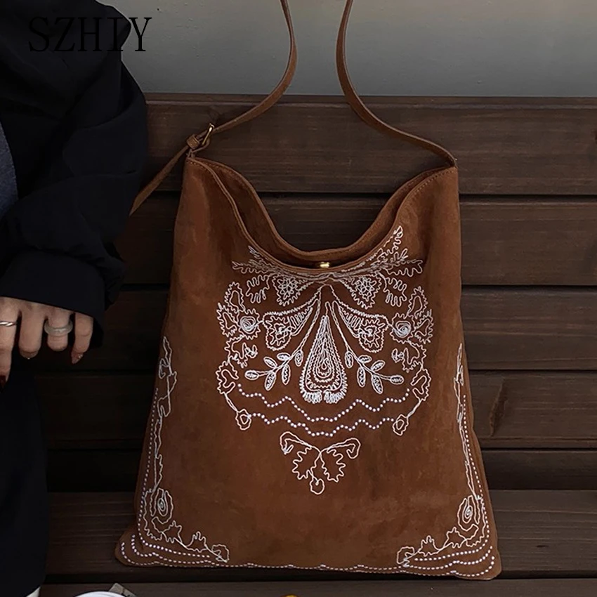 

Ethnic Style Shoulder Bag for Women Large Capacity Tote Environmentally Friendly Suede Exotic Embroidery Shopping Pocket Torebki